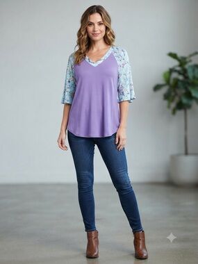 Emerald Lavender V-Neck Raglan Sleeve Tee with Floral Trim
